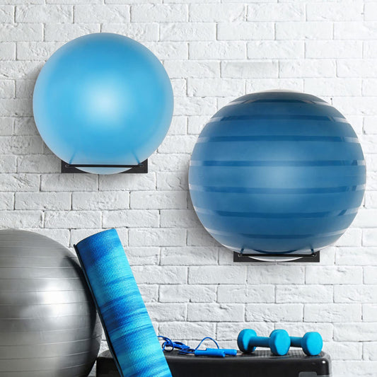 MyGift Yoga Ball Storage Rack in Industrial Matte Black Metal, Wall Mounted Sport Gym Studio Exercise Equipment Holder for Large Stability Balls, Set of 2