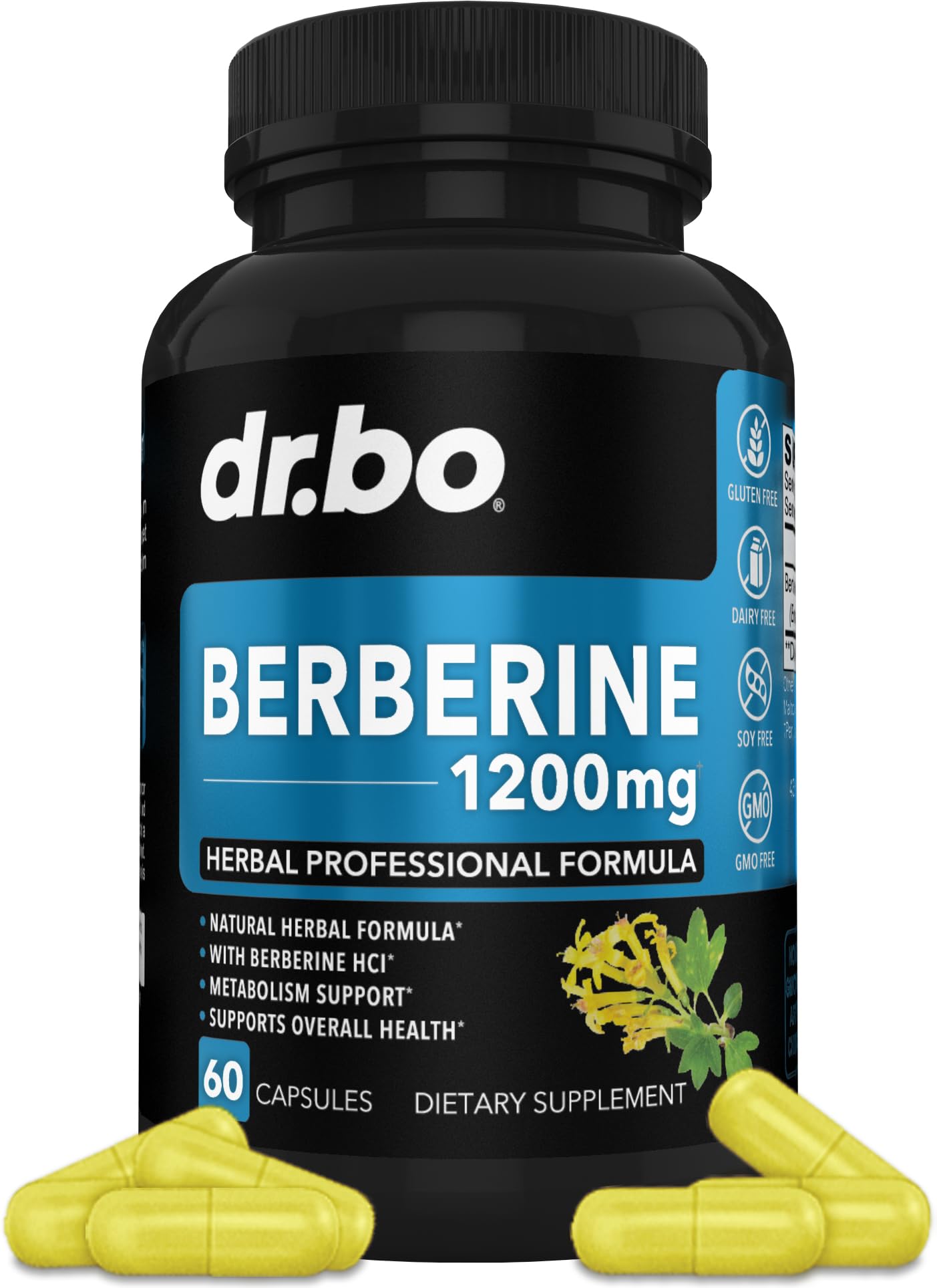 Berberine Supplement Capsules - 1200mg Berberine HCL Supplement for Healthy Metabolic Support - Premium Natural Complex for Women & Men, Pure Support Capsules Supplements - 60 Pills