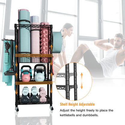 FUTASSI S1 Home Gym Storage, 3-Tier Workout Equipment Organizer with Wheels for Yoga Mats, Foam Roller, Dumbbells, Kettlebells, and Resistance Bands, 47.4" H x 27.5" L x 11.8" D, Black