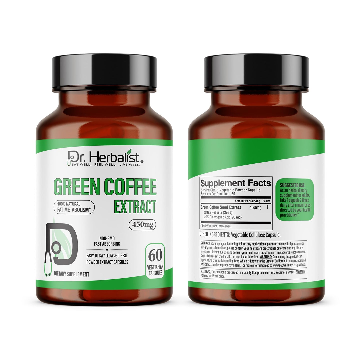 Dr. Herbalist Green Coffee Extract 450mg – 60 Vegan Capsules | 10:1 (4,500mg Raw Eq) | Caffeine-Free Unroasted Coffee Bean Supplement