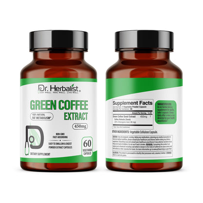 Dr. Herbalist Green Coffee Extract 450mg – 60 Vegan Capsules | 10:1 (4,500mg Raw Eq) | Caffeine-Free Unroasted Coffee Bean Supplement