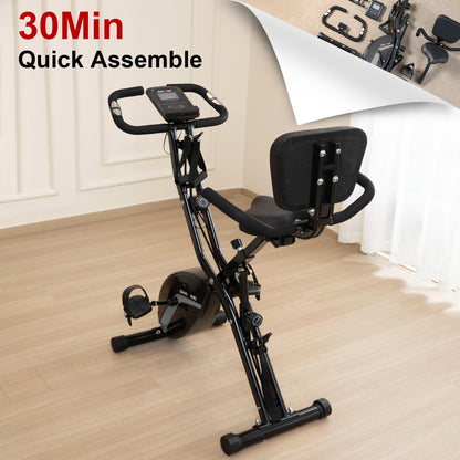 BARWING Stationary Exercise Bike for Home Workout, 5 IN 1 Foldable Indoor Cycling Bike for Seniors, 350LB Capacity, 16-Level Magnetic Resistance, Seat Backrest Adjustments (Black)