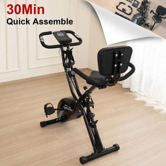 BARWING Stationary Exercise Bike for Home Workout, 5 IN 1 Foldable Indoor Cycling Bike for Seniors, 350LB Capacity, 16-Level Magnetic Resistance, Seat Backrest Adjustments (Black)