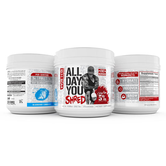 5% Nutrition Rich Piana AllDayYou Shred BCAA Powder | Amino Acid Supplement for Weight Loss | Elite Fat Burning Pre Workout for Energy, Hydration, Endurance & Recovery (Blueberry Lemonade)