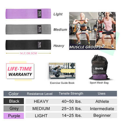 EnriQ Booty Bands Fabric Resistance Bands for Legs and Butt Cloth Hip Bands Workout Exercise Bands 3 Set Women Men Stretch Exercise Loops Thick Wide Non Slip Bootie Band