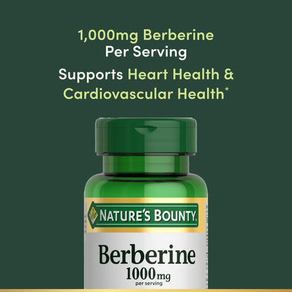 Nature's Bounty Berberine Supplements,1000mg, Berberine Capsules for Blood Sugar Support, Cholesterol & Heart Health, 60 Count