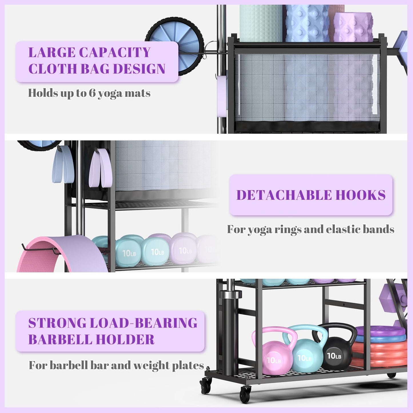 Mythinglogic Dumbbell Rack for Home Gym, Weight Rack for Dumbbells, Multifunctional Yoga Mat Holder for Barbell plates and Kettlebells, Home Gym Storage Rack with Casters (Small)