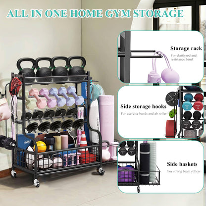 Hiee Dumbbell Rack, Weight Rack for Kettlebells, Heavy-Duty Home Gym Storage Rack for Yoga Mat and Workout Equipment, Storage Holder with Wheels and Hooks (320lb)