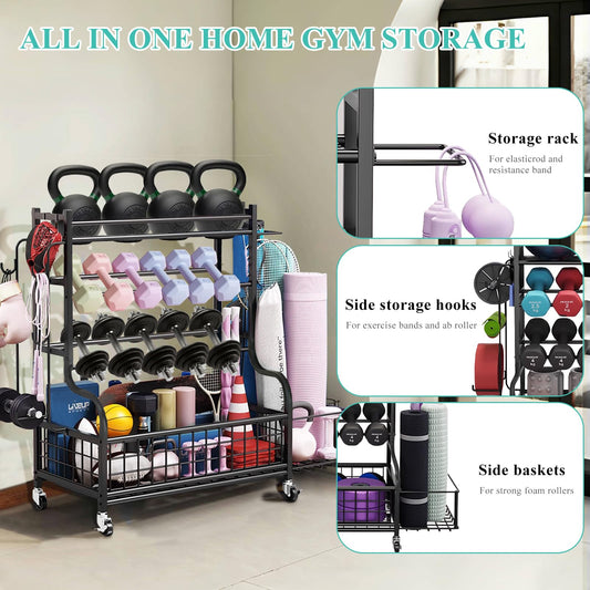 Hiee Dumbbell Rack, Weight Rack for Kettlebells, Heavy-Duty Home Gym Storage Rack for Yoga Mat and Workout Equipment, Storage Holder with Wheels and Hooks (320lb)