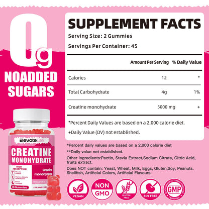 ElevateLife Creatine Monohydrate Gummies 5000mg for Men & Women, Chewables Creatine Monohydrate for Muscle Strength, Muscle Builder, Energy Boost, Pre-Workout Supplement(90 Count)-Strawberries