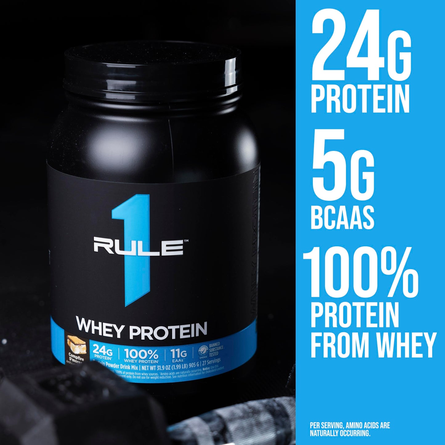 Rule 1 Whey Protein – 24g Fast-Acting Protein from All-Whey Sources with Naturally Occurring EAAs & BCAAs for Workout Recovery or Anytime Use (5 Pounds*, Strawberry Banana)