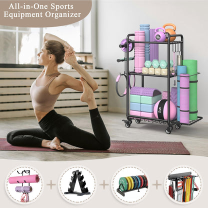 Weight Rack for Home Gym, All in One Yoga Mat Storage Rack, Workout Equipment Storage with Wheels and Hooks for Dumbbells Kettlebells Foam Rollers, Powder Coated (Black)