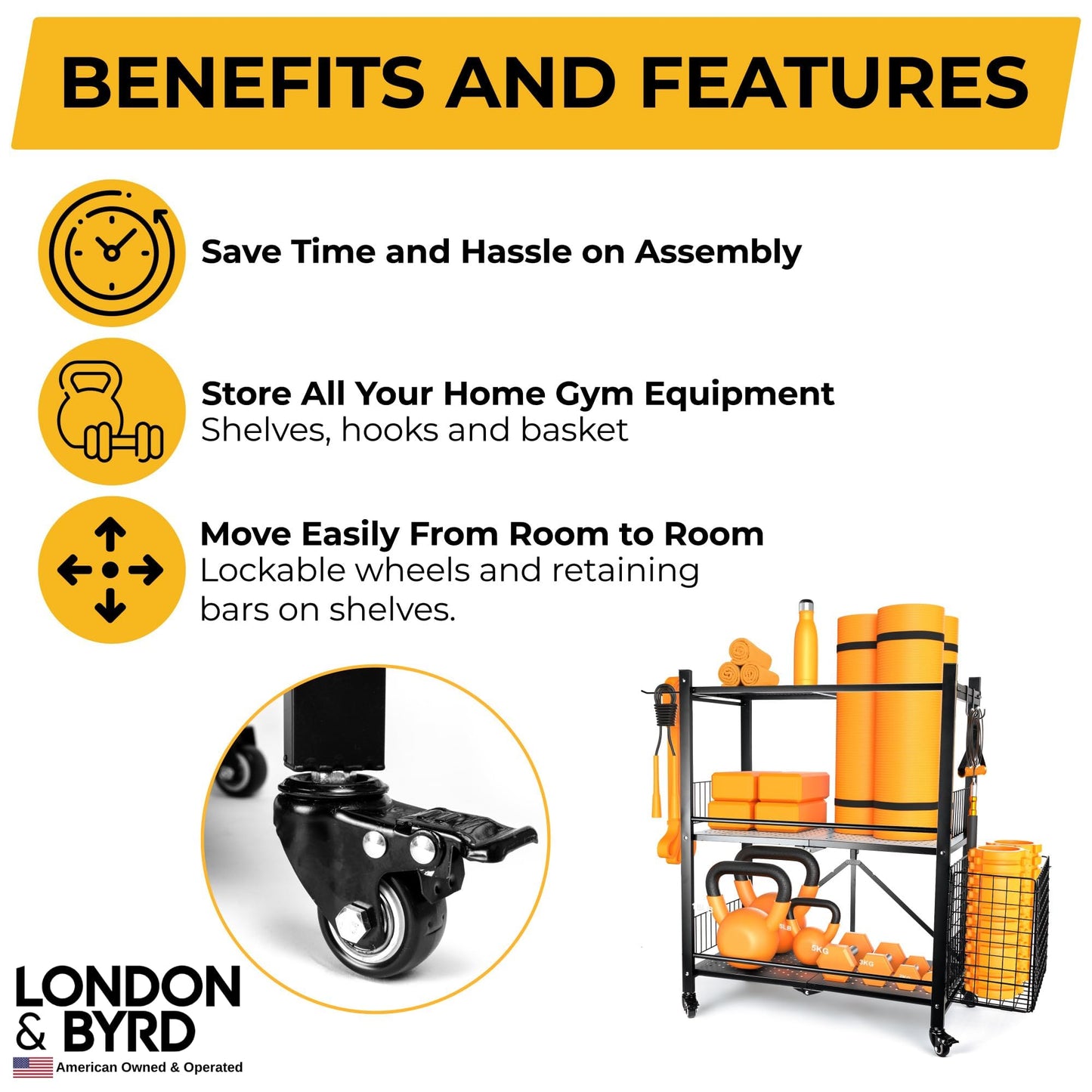 London & Byrd - No Assembly - Home Gym Storage Rack. Steel Construction, Heavy Duty Wheels, with Basket and Hooks. Great for Home Gym Equipment, Yoga mats, Kettlebells, and Small Dumbbell Storage.