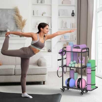 Weight Rack for Home Gym, All in One Yoga Mat Storage Rack, Workout Equipment Storage with Wheels and Hooks for Dumbbells Kettlebells Foam Rollers, Powder Coated (Black)