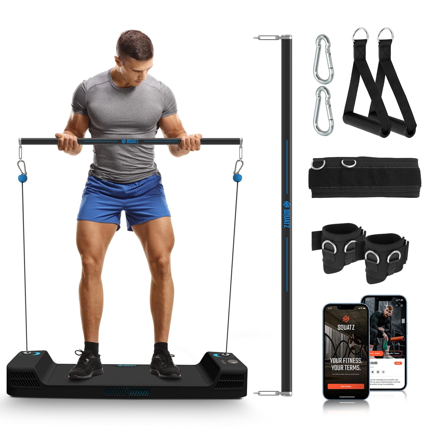 SQUATZ Apollo Board Mini: 150lb Resistance Smart Cable Machine, Functional Trainer for Full Body Workouts, Full Body Strength, Digital Home Gym Equipment with Free App includes Accessories, Blue