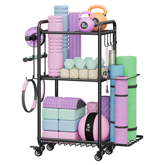 Weight Rack for Home Gym, All in One Yoga Mat Storage Rack, Workout Equipment Storage with Wheels and Hooks for Dumbbells Kettlebells Foam Rollers, Powder Coated (Black)