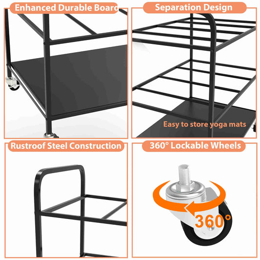 ElveBuka Large Yoga Mat Storage Rack Cart with Wheels, Metal Yoga Mat Holder Basket Home Gym Foam Rollers Organizer for Home Gym Yoga Studio(Stand Only, No Mats)