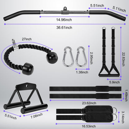 Turakun Cable Machine Attachments Set: 6 Pack LAT Pulldown Attachments Bar for Home Gym Accessories Tricep Rope Double D Handles