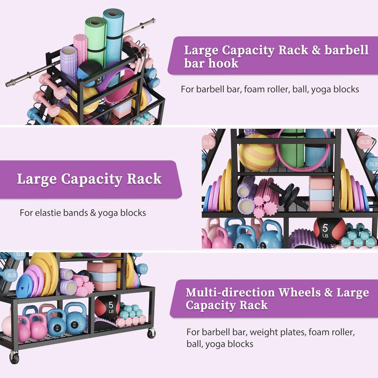 HavenlyYouth Dumbbell Rack Weight Rack Storage-Large Dumbbells Rack Home Gym Storage,Multilevel Workout Storage Organizer with Wheels and Barbell Holder,Perfect for Yoga Mat Balls Kettlebells and Fitness Gear,black