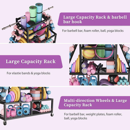 HavenlyYouth Dumbbell Rack Weight Rack Storage-Large Dumbbells Rack Home Gym Storage,Multilevel Workout Storage Organizer with Wheels and Barbell Holder,Perfect for Yoga Mat Balls Kettlebells and Fitness Gear,black
