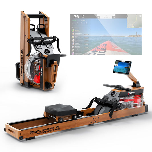 PASYOU Water Rowing Machines for Home Oak Wood Foldable Rower Machine 350LB Weight Capacity, 6 Levels Adjustable Row Machines with Monitor & Device Holder & 14L Tank, Bluetooth with Kinomap APP