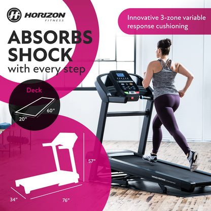 Horizon Fitness T202 Foldable Treadmill Running Machine with Incline, Fitness & Cardio, Lightweight Folding Treadmill with Bluetooth Speakers, EasyDial Controls, Tablet Holder, 325lb Capacity