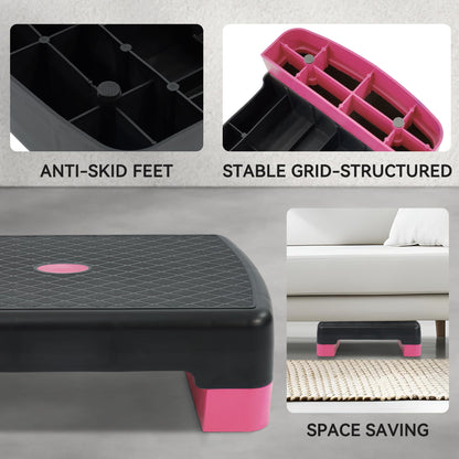 Fitvids 18" Workout Aerobic Stepper Step Platform with 2 Risers, Lightweight Portable Step Up Platform Trainer, Adjustable Height 3.2’’ 5.5’’ for Home Gym, Black and Pink