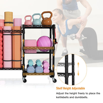 FUTASSI S2 Home Gym Storage, Rolling Yoga Mat Storage and Organizer, Sport Equipment Rack for Dumbbells, Kettlebells, Foam Rollers, Resistance Bands, 11.8" D x 36" W x 32.5" H, Black