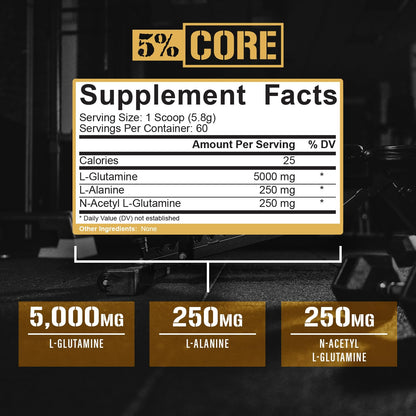5% Nutrition Core L-Glutamine 5000 Supplement w/L-Alanine | Immune & Digestive Support | Amino Acid Muscle Builder Post Workout Recovery | Unflavored (60 Servings)