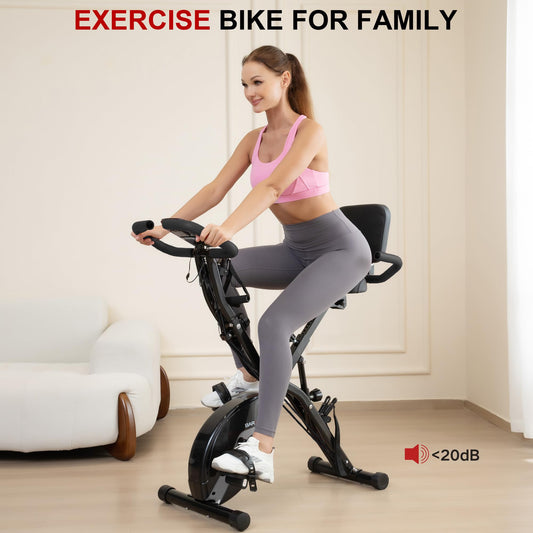 BARWING Stationary Exercise Bike for Home Workout, 5 IN 1 Foldable Indoor Cycling Bike for Seniors, 350LB Capacity, 16-Level Magnetic Resistance, Seat Backrest Adjustments (Black)