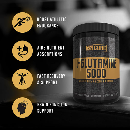 5% Nutrition Core L-Glutamine 5000 Supplement w/L-Alanine | Immune & Digestive Support | Amino Acid Muscle Builder Post Workout Recovery | Unflavored (60 Servings)