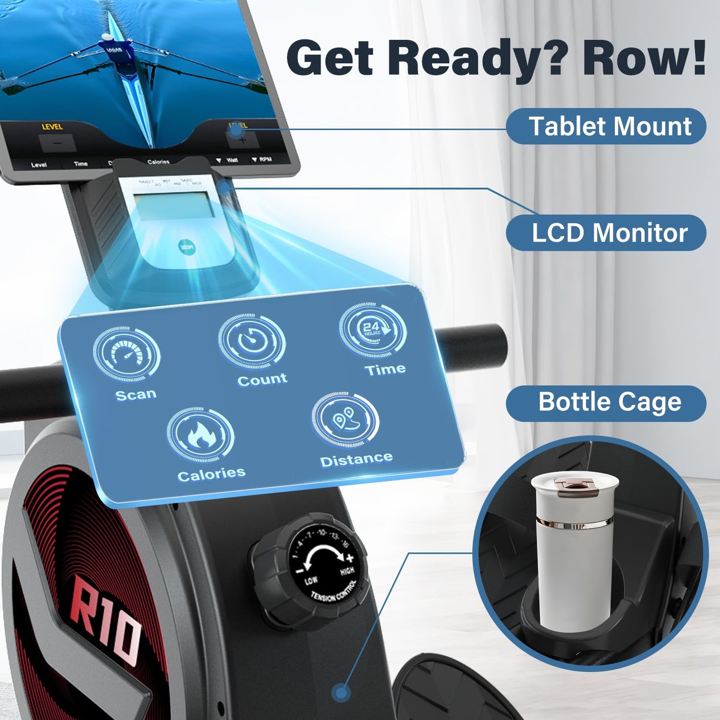 SNODE Rowing Machine for Home Use Magnetic Rower with 16 Level Resistance, Row Machine with LCD Monitor, Ergonomic Seat, Dual Rail, 350lb Weight Capacity