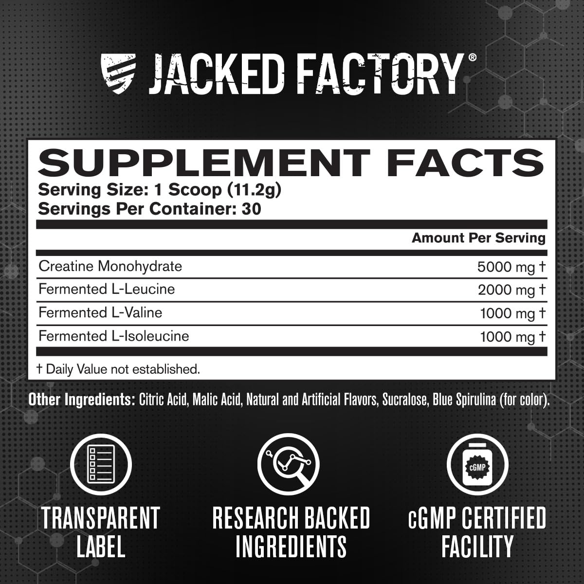 Jacked Factory Creatine + BCAAs - Creatine Monohydrate + BCAA Powder for Increased Post-Workout Recovery, Performance, Lean Muscle Growth, & Reduced Fatigue - 30 Servings, Blue Raspberry