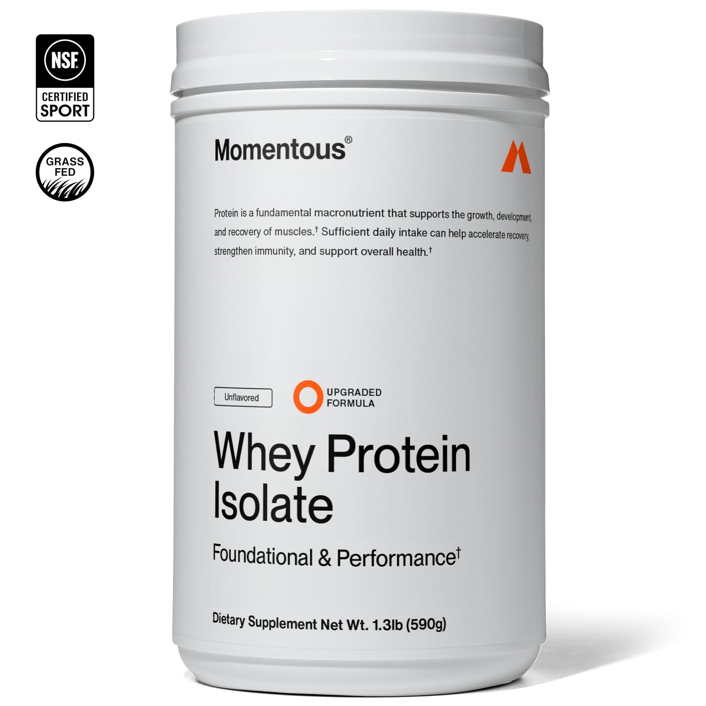Momentous Essential Grass-Fed Whey Protein Powder - 20g Whey Isolate Protein - NSF Certified for Sport - Gluten-Free - 24 Servings for Essential Everyday Use, Unflavored (Package May Vary)