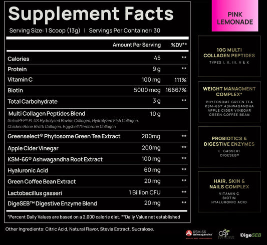 Super Collagen Burn Powder for Women w. Hyaluronic Acid, KSM66, Apple C Vinegar, Probiotics, Biotin - Premium Multi Collagen Peptides Protein for Weight Loss + Beauty Hair Skin Nails (Pink Lemonade)
