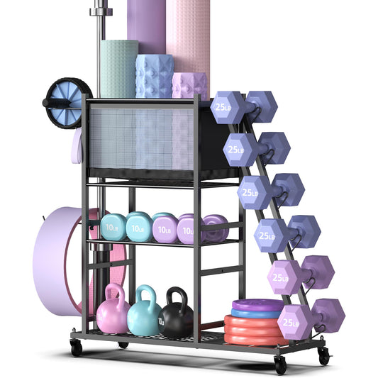 Mythinglogic Dumbbell Rack for Home Gym, Weight Rack for Dumbbells, Multifunctional Yoga Mat Holder for Barbell plates and Kettlebells, Home Gym Storage Rack with Casters (Small)