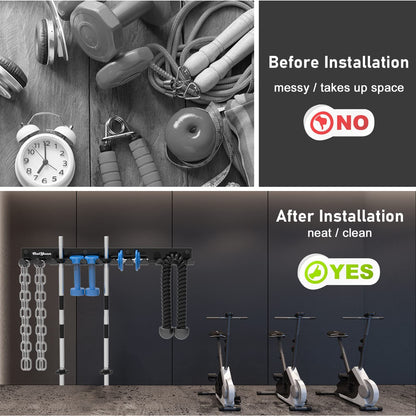 Home Gym Storage Rack - Multi-Purpose Heavy Duty Gym Rack Organizer, Wall Mount Barbell Rack Gym Equipment Hanger for Olympic Barbells, Resistance Bands, Jump Ropes, Row Handles, etc. (26", 12 Hook)