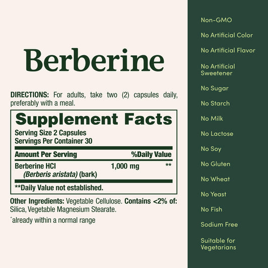 Nature's Bounty Berberine Supplements,1000mg, Berberine Capsules for Blood Sugar Support, Cholesterol & Heart Health, 60 Count