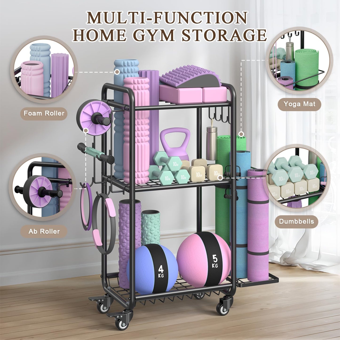 Weight Rack for Home Gym, All in One Yoga Mat Storage Rack, Workout Equipment Storage with Wheels and Hooks for Dumbbells Kettlebells Foam Rollers, Powder Coated (Black)