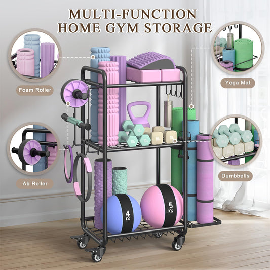 Weight Rack for Home Gym, All in One Yoga Mat Storage Rack, Workout Equipment Storage with Wheels and Hooks for Dumbbells Kettlebells Foam Rollers, Powder Coated (Black)