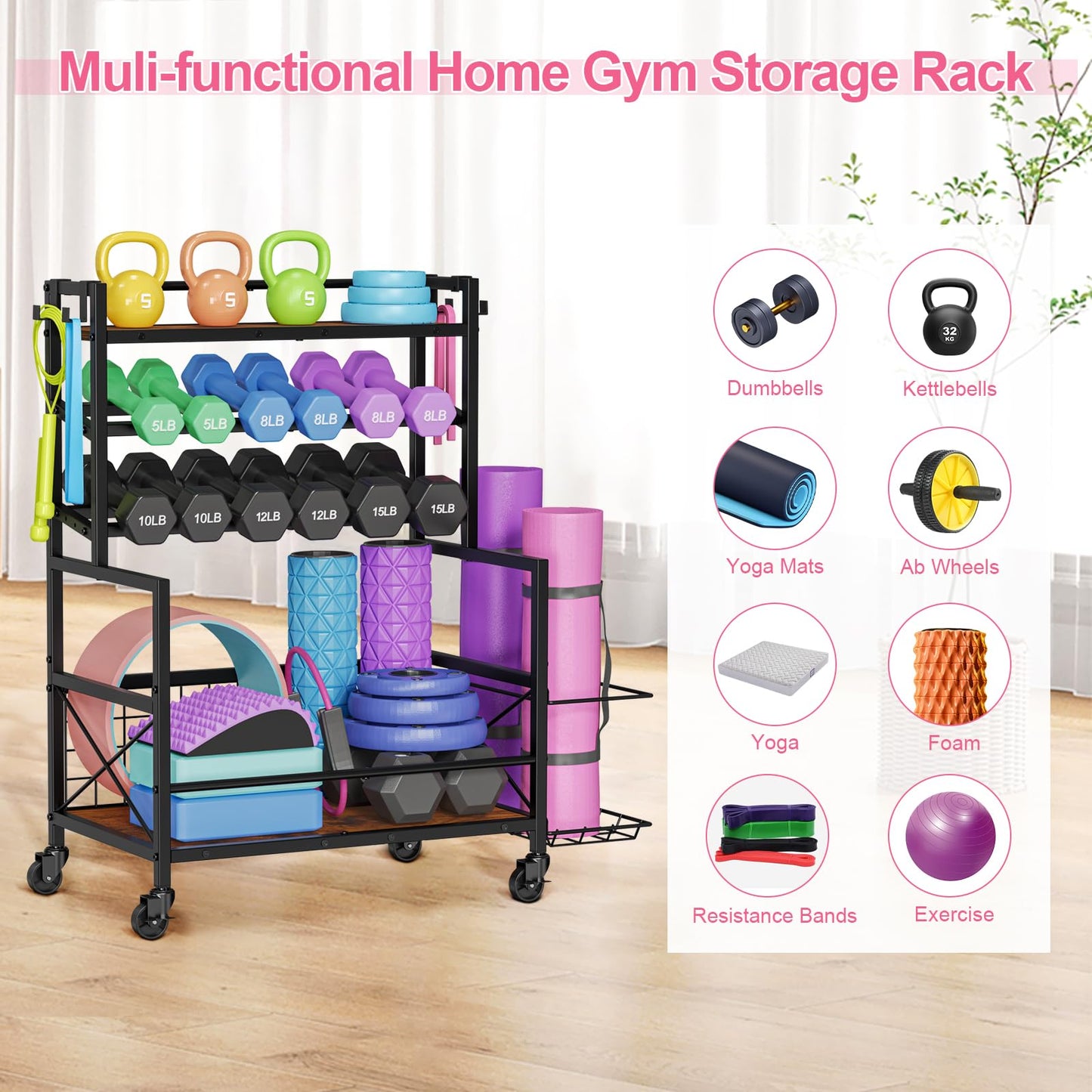 Snughome Dumbbell Rack, Adjustable Weight Rack for Dumbbells, Home Gym Storage Rack for Dumbbell, Kettlebells, Foam Roller and Yoga Mat, All in One Workout Equipment Storage with Wheels and Hooks
