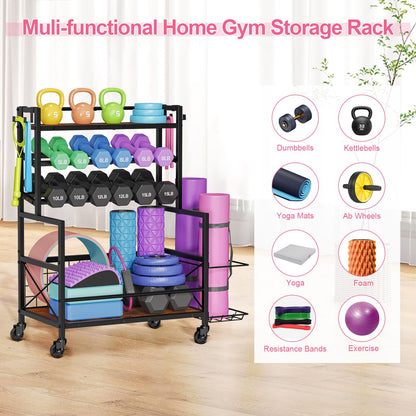 Snughome Dumbbell Rack, Adjustable Weight Rack for Dumbbells, Home Gym Storage Rack for Dumbbell, Kettlebells, Foam Roller and Yoga Mat, All in One Workout Equipment Storage with Wheels and Hooks