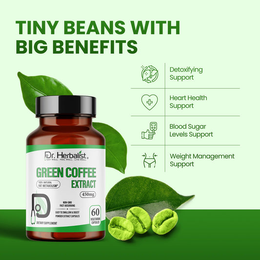 Dr. Herbalist Green Coffee Extract 450mg – 60 Vegan Capsules | 10:1 (4,500mg Raw Eq) | Caffeine-Free Unroasted Coffee Bean Supplement