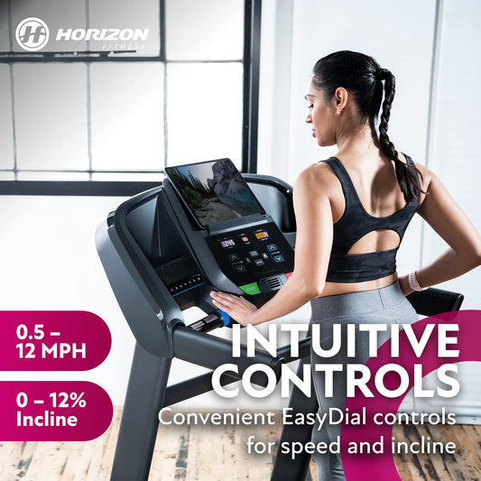 Horizon Fitness T202 Foldable Treadmill Running Machine with Incline, Fitness & Cardio, Lightweight Folding Treadmill with Bluetooth Speakers, EasyDial Controls, Tablet Holder, 325lb Capacity