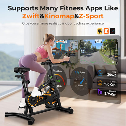 OWLSKY Exercise Bike with APP, Wool Felt Indoor Cycling Bike, 300 lbs Capacity Quiet Stationary Bike for Home Gym Cardio Workout, Adjustable Seat & Tablet Holder