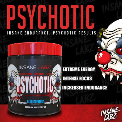 Insane Labz Psychotic, High Stimulant Pre Workout Powder, Extreme Lasting Energy, Focus and Endurance with Beta Alanine, Creatine Monohydrate DMAE, 35 Srvgs (Fruit Punch)