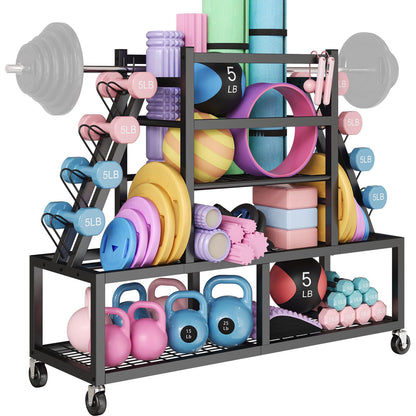 HavenlyYouth Dumbbell Rack Weight Rack Storage-Large Dumbbells Rack Home Gym Storage,Multilevel Workout Storage Organizer with Wheels and Barbell Holder,Perfect for Yoga Mat Balls Kettlebells and Fitness Gear,black