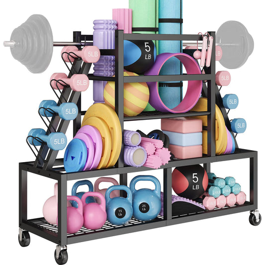 HavenlyYouth Dumbbell Rack Weight Rack Storage-Large Dumbbells Rack Home Gym Storage,Multilevel Workout Storage Organizer with Wheels and Barbell Holder,Perfect for Yoga Mat Balls Kettlebells and Fitness Gear,black