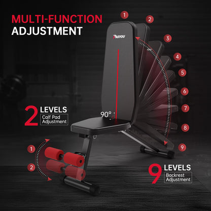 PASYOU Adjustable Weight Bench, Foldable Workout Bench for Home Gym, Support 90°Strength Training Bench for Full Body Workout with Fast Folding, 9-Level Backrest Position 2-Level Foot Support Folding