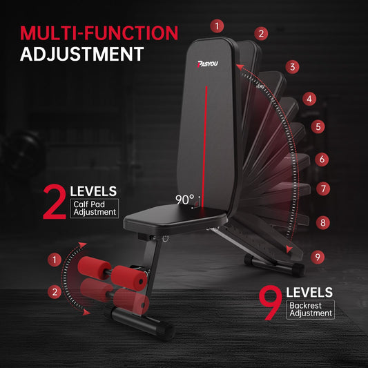 PASYOU Adjustable Weight Bench, Foldable Workout Bench for Home Gym, Support 90°Strength Training Bench for Full Body Workout with Fast Folding, 9-Level Backrest Position 2-Level Foot Support Folding